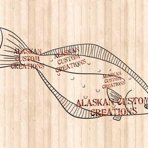 May include: Black and white line art illustration of a flatfish with the text "Alaskan Custom Creations" repeated four times around the fish.