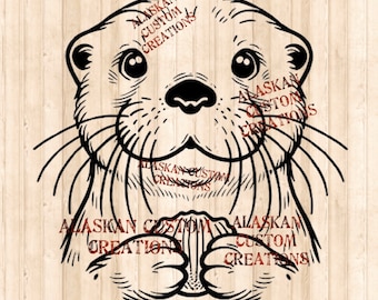 Curious Alaskan Sea Otter with Shell Simple Outline Digital Image PDF/PNG/SVG