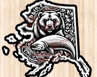 Alaska State Outline featuring a Kodiak Brown Bear and a Salmon Digital Image Laser Engraving PNG/SVG/PDF