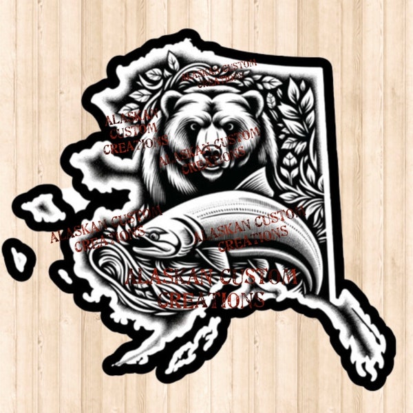 Contour de l'état de l'Alaska avec un ours brun Kodiak et un saumon, image numérique gravure laser PNG/SVG/PDF