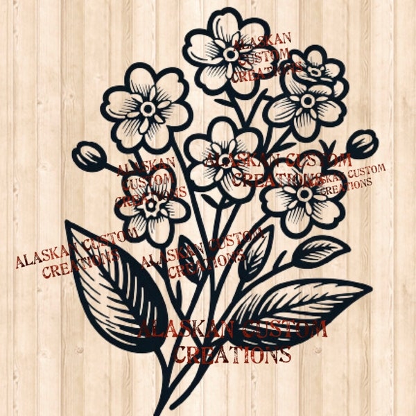 Alaskan State Flower: Forget Me Not Simple Outline Drawing Digital Image Laser Engraving PDF/PNG/SVG