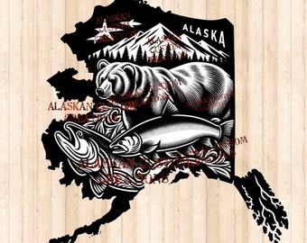 Alaska State Outline Grizzly Bear and Salmon Digital Image Laser Engraving SVG/PNG/PDF
