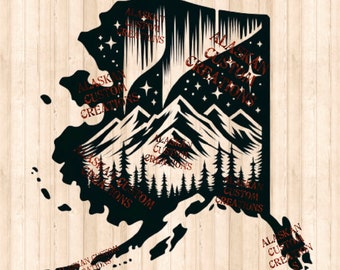 Alaska State Outline Digital Image Northern Lights Aurora Mountain Nature Scene PDF PNG SVG Black and White