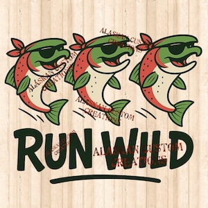 Run Wild Alaskan Salmon Sticker Funny Cartoon Sockeye with Sunglasses & Bandanas – Alaskan Fish Decal- PNG file Digital image
