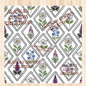 Archivo de imagen digital sin costuras en blanco con franqueo floral de flores silvestres de Alaska