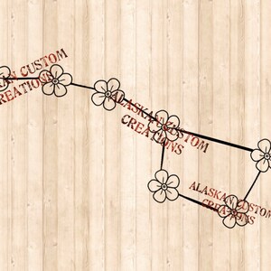 May include: Black and white line art illustration of a constellation of flowers on a woodgrain background. The text "Alaskan Custom Creations" is repeated in the image.