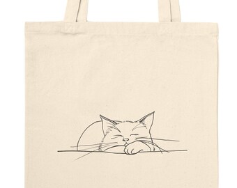 Baumwolltasche / Schlafende Katze / Stofftasche mit langen Henkeln