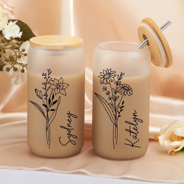 Personalized Iced Coffee Cup with Birth Flower, 20 Oz Glass Cup, Custom Beer Can Glass with Lid and Straw, Bridesmaid Proposal Gift for Her