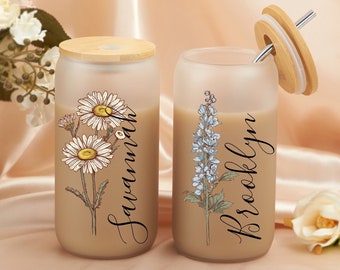 Personalized Frosted Glass Tumbler with Straw and Lid, Birth Flower Iced Coffee Cup, Bridesmaid Proposal Gift, Birthday Gift for Her Women