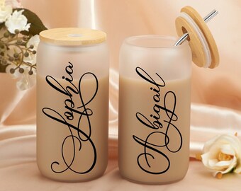 Personalized Bridesmaid Proposal Gift for Her, Glass Cup with Bamboo Lid & Straw, Beer Can Glass, Custom Name Mason Jar, Iced Coffee Mug