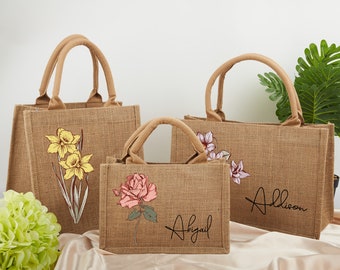 Borse tote personalizzate con fiori del mese di nascita, borse tote da damigella d'onore, borsa tote da damigella d'onore, regalo di nozze, regalo per lei, mamma, donne, fidanzata