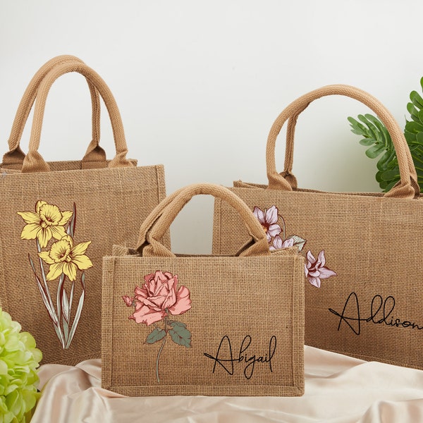 Personalized Birth Month Flower Tote Bags, Bridesmaid Tote Bags, Maid of Honor Tote Bag, Wedding Gift, Gift for Her, Mom, Women, Girlfriend