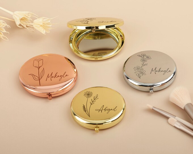 Personalized Name Pocket Makeup Mirror, Compact Mini Mirror, Customized Laser Engraved Pocket Mirror, Bridesmaid Gift, Mother's Day Gift