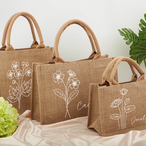 Personalized Birth Flower Tote Bags for Women, Custom Name Beach Bag, Bridesmaid Bags, Maid of Honor Gift, Bachelor Party Favor, Wedding