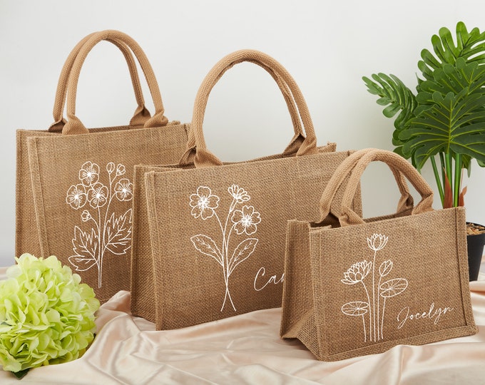 Personalized Birth Flower Tote Bags for Women, Custom Name Beach Bag, Bridesmaid Bags, Maid of Honor Gift, Bachelor Party Favor, Wedding