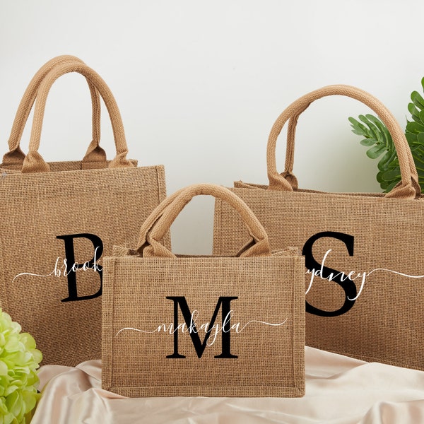 Personalized Handmade Tote Bag, Burlap Bag, Jute Beach Bag, Bridal Party Gifts, Custom Bridesmaid Proposal Gifts, Mother's Day Gifts