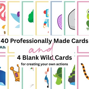 Peut inclure: Un ensemble de cartes illustr&eacute;es avec des bordures color&eacute;es. Le texte indique "40 Cartes Fabriqu&eacute;es Professionnellement et 4 Cartes Sauvages Vides pour cr&eacute;er vos propres actions."