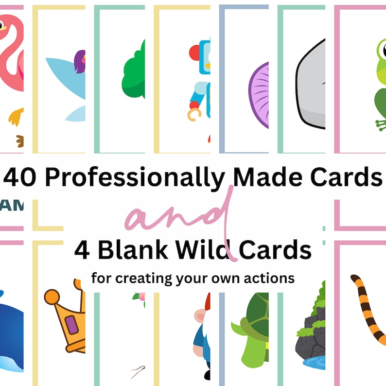 Peut inclure: Un ensemble de cartes illustr&eacute;es avec des bordures color&eacute;es. Le texte indique "40 Cartes Fabriqu&eacute;es Professionnellement et 4 Cartes Sauvages Vides pour cr&eacute;er vos propres actions."