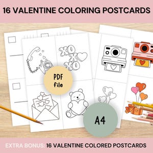Pacote de cartões postais para colorir do Dia dos Namorados, cartões postais fofos para impressão e cartões duplos do Dia dos Namorados, presente de amor divertido DIY para crianças e famílias