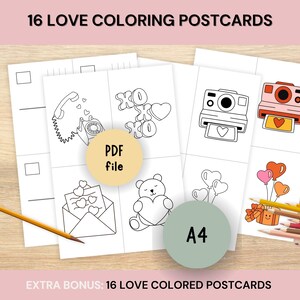 バレンタインデーの塗り絵ポストカードパック、かわいい印刷可能なバレンタインポストカードとダブルカード、子供と家族のための楽しいDIYラブギフトクラフト