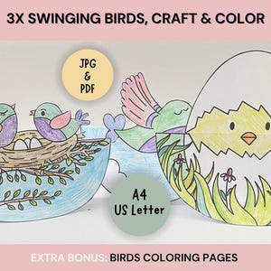 Creative Kids Craft Swinging Birds PDF Printable Activity, Fun Family Activity, Easy Kids Craft, Spring Decor Printable,  DIY PaperCraft Kit