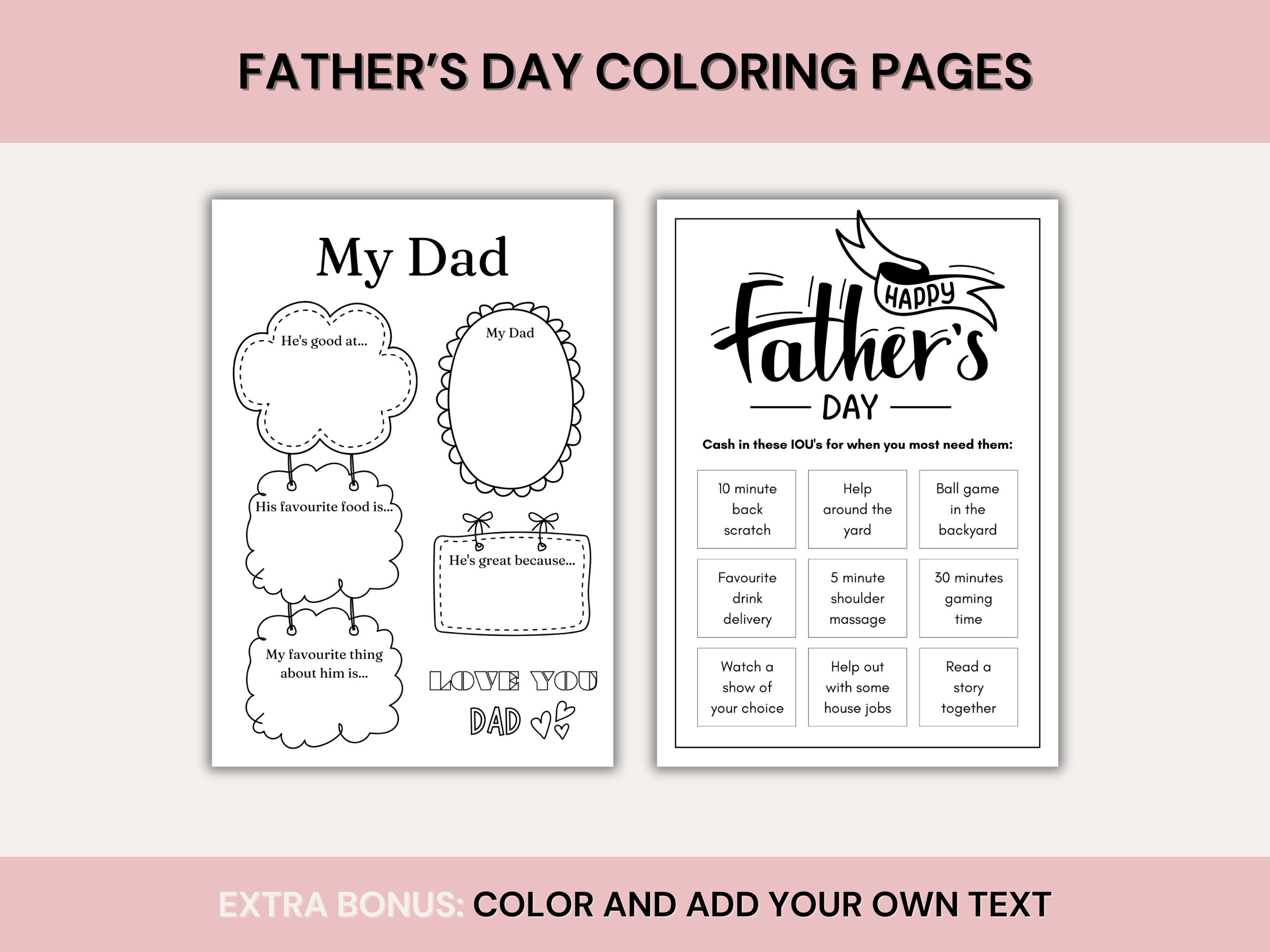 Fathers Day Coloring Pages Set, 3 Designs, About My Dad Page, IOU Page ...