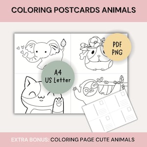 Conjunto de cartões postais para colorir com animais fofos para imprimir, porquinho-da-índia, gato, elefante, preguiça, atividade para crianças, pacote para fazer cartões, atividade divertida faça você mesmo em casa