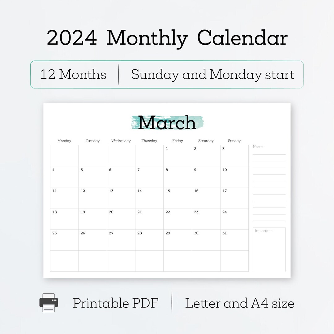 Printable Calendar Monthly Planner 2024 A4, Letter Size Landscape