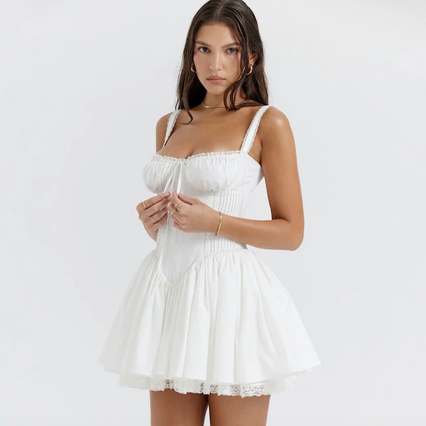 Französischer Stil Mini Korsett Sommerkleid Weiß Nettes Geschenk Damen