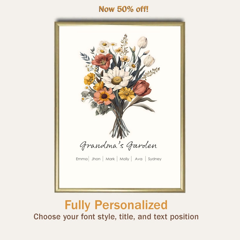 Grandma's Garden Birth Flower Print, Mother's Day Gift for Grandma, Personalised Gift for Grandma Birth Flower, Mother's Day Custom Gift image 1