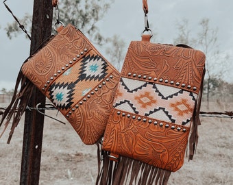 leather tooled +fringed aztec purses