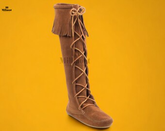 Minnetonka Style Festival Boots and Moccasins for Women, Genuine Suede and Leather, Knee High Lace Up, Minnetonka fringe Tall Vintage Boots