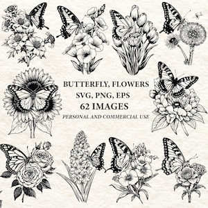 May include: Black and white illustrations of butterflies and flowers, including sunflowers, roses, and tulips. The image includes the text "BUTTERFLY, FLOWERS SVG, PNG, EPS 62 IMAGES PERSONAL AND COMMERCIAL USE."