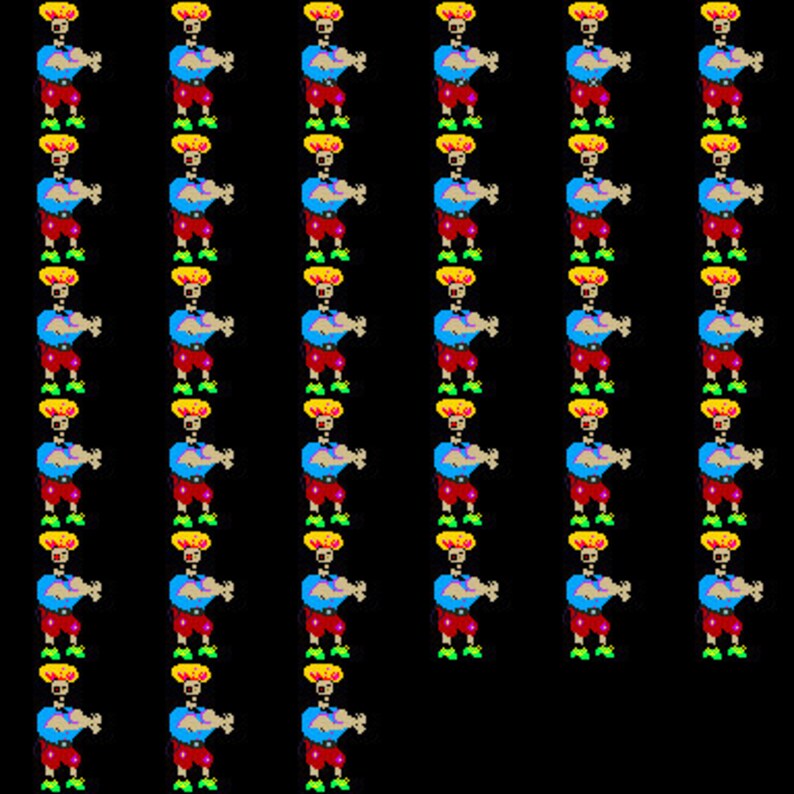 Puede incluir: Un patr&oacute;n repetitivo de figuras de pixel art. Cada figura es un palo con una cabeza amarilla, un torso azul, pantalones cortos rojos y zapatos verdes. Las figuras est&aacute;n dispuestas en filas y columnas, creando un dise&ntilde;o colorido y divertido.