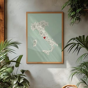 Affiche carte d'Italie personnalisée - art mural, cadeau, décoration intérieure, décoration de chambre d'enfant, voyage, carte de mots, décoration murale, grands-parents, longue distance