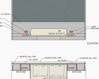 Bedroom Design Project DWG, Bedroom architectural drawing, Bedroom CAD, Bed Design, Wall Panel Design, Wood Panel Design, Nightstand design