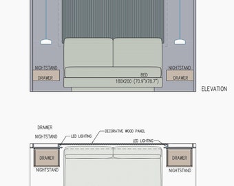 Progetto di design della camera da letto DWG, disegno architettonico della camera da letto, CAD della camera da letto, design del letto, design del pannello a parete, design del pannello in legno, design del comodino
