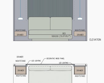 Bedroom Design Project DWG, Bedroom architectural drawing, Bedroom CAD, Bed Design, Wall Panel Design, Wood Panel Design, Nightstand design