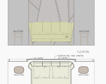 Bedroom Design Project DWG, Bedroom architectural drawing, Bedroom CAD, Bed Design, Wall Panel Design, Wood Panel Design, Nightstand design