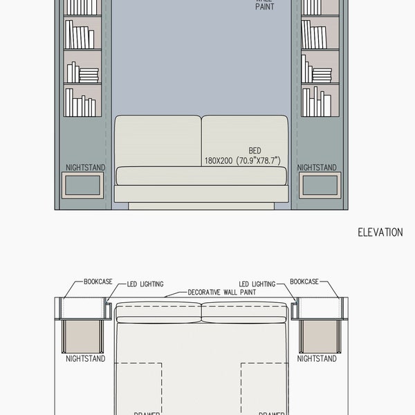 Bedroom Design Project DWG, Bedroom architectural drawing, Bedroom CAD, Bed Design, Wall Panel Design, Wood Panel Design, Nightstand design