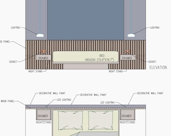 Progetto di design della camera da letto DWG, disegno architettonico della camera da letto, CAD della camera da letto, design del letto, design del pannello a parete, design del pannello in legno, design del comodino