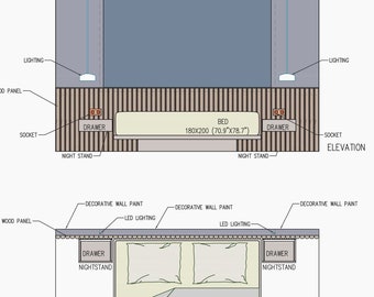 Bedroom Design Project DWG, Bedroom architectural drawing, Bedroom CAD, Bed Design, Wall Panel Design, Wood Panel Design, Nightstand design