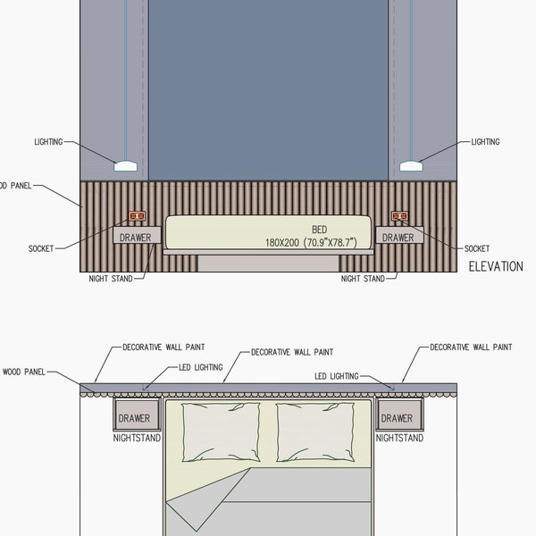 Bedroom Design Project DWG, Bedroom architectural drawing, Bedroom CAD, Bed Design, Wall Panel Design, Wood Panel Design, Nightstand design