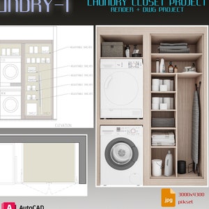 Puede incluir: Una representación 3D de un armario de lavandería con una lavadora y una secadora, estantes y una barra para colgar. El armario tiene 3000 x 4300 píxeles.