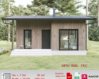 Progetto di una piccola casa di campagna: DWG CAD architettonico con 1 camera da letto (PDF)