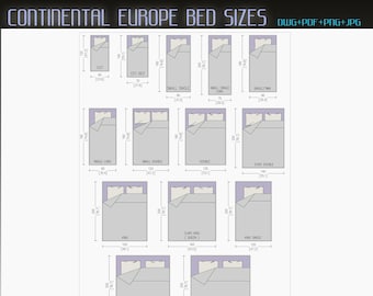 Continental Europe Bed Sizes, Bed Sizes, Bed Dwg, Bed architectural drawing , Bed CAD, Bed PNG, Bed DWG, Bed Pdf