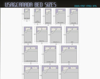 Usa&Canada Bed Sizes, Bed Sizes, Bed Dwg, Bed architectural drawing, Bed CAD, Bed PNG, Bed DWG, Bed Pdf