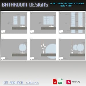 Puede incluir: Seis diseños diferentes de baños con varias configuraciones de espejos y lavabos. Los diseños están etiquetados con los números del 1 al 6. El texto "CM AND INCH SCALE: 1/25" está en la parte inferior de la imagen. Las palabras "pdf", "dwg" y "AutoCAD" también están en la parte inferior de la imagen.