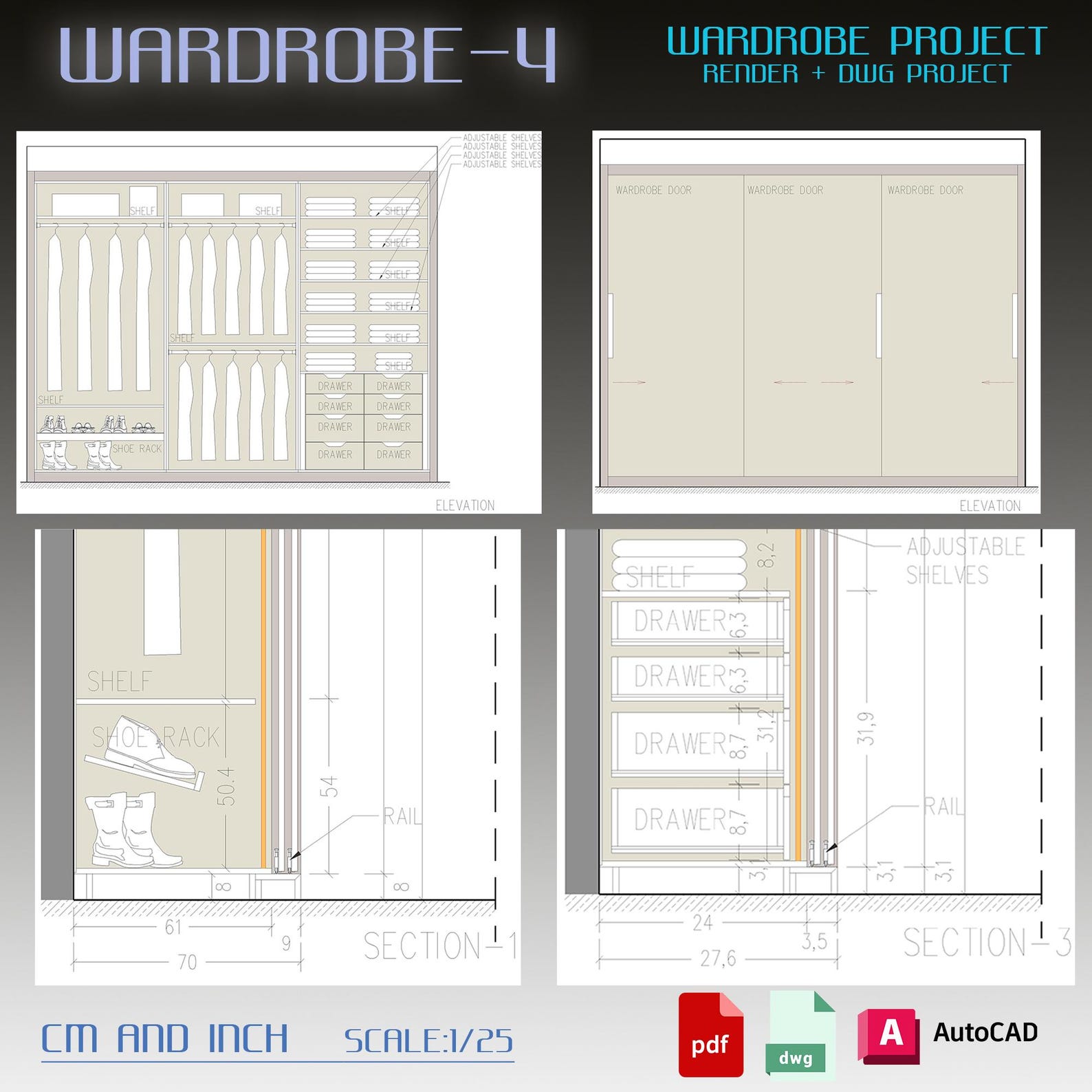 Wardrobe Project: DWG, Render, Plan, Elevations (PDF) - Etsy