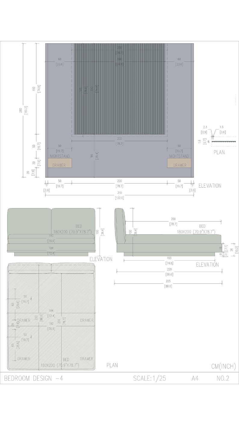 Schlafzimmer-Designprojekt DWG, Schlafzimmer-Architekturzeichnung, Schlafzimmer-CAD, Bettdesign, Wandpaneel-Design, Holzpaneel-Design, Nachttisch-Design Bild 3